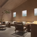 Modern Minimalist Interior Space With Wooden Walls Stone Countertop Table Chairs And Window