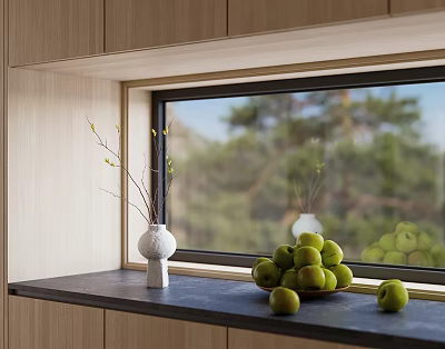 White Vase With Twigs And Buds On Windowsill With Green Apples And Natural Scenery Outside 3d model