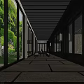 Contemporary Exhibition Hall Interior Featuring Symmetrical Pillars Display Cabinets Central Platform And Scenic Window View