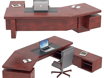 Wooden L Shaped Office Desk With Laptop Documents Drawers Compartments And Office Chair 3d model