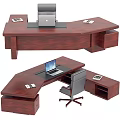 Wooden L Shaped Office Desk With Laptop Documents Drawers Compartments And Office Chair