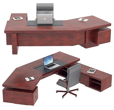 Wooden L Shaped Office Desk With Laptop Documents Drawers Compartments And Office Chair 3d model