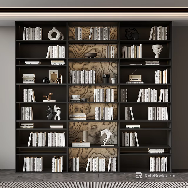 Modern Wooden Bookcase Interior Design With Stacked Books Decorative Sculptures and Vases 3d model 