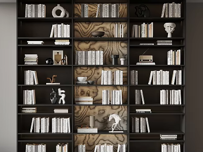 Modern Wooden Bookcase Interior Design With Stacked Books Decorative Sculptures and Vases 3d model