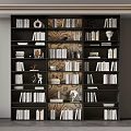 Modern Wooden Bookcase Interior Design With Stacked Books Decorative Sculptures and Vases