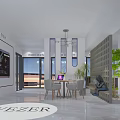 Modern Interior Space Featuring White Pillar Lattice Screen Green Plants Round Table And Laptop