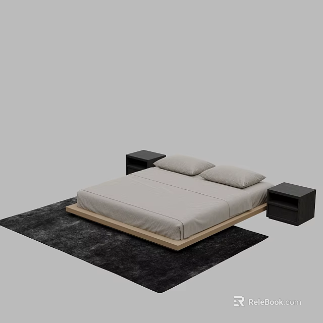 Modern Double Bed With Wooden Frame Light Gray Mattress And Black Nightstands On Dark Rug 3d model 