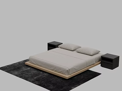 Modern Double Bed With Wooden Frame Light Gray Mattress And Black Nightstands On Dark Rug 3d model