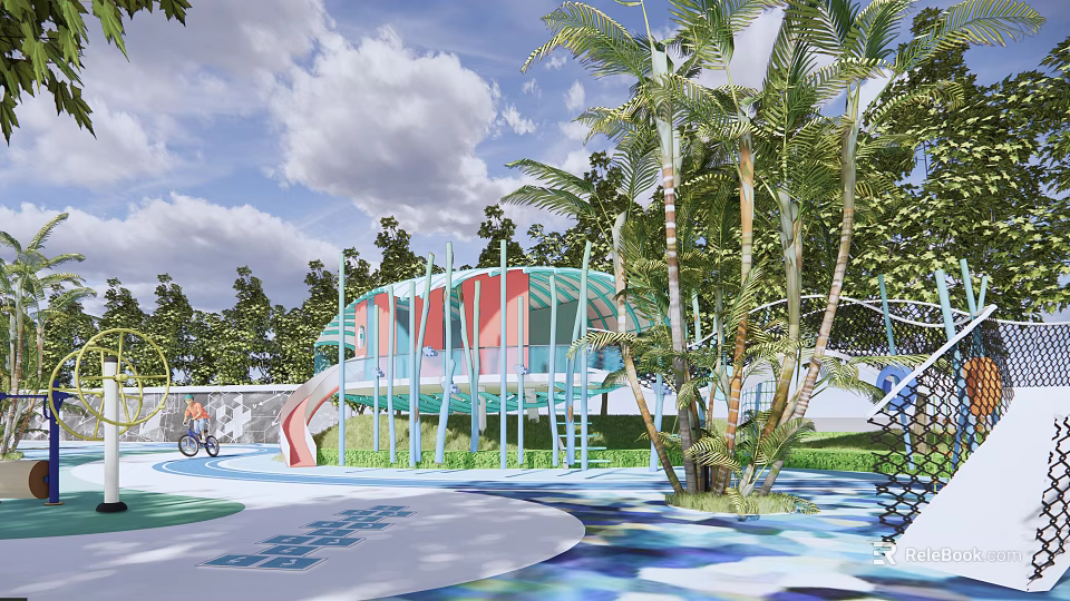 Fun Outdoor Playground With Colorful Slide Palm Trees And Play Structures 3d model 