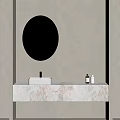 Modern Bathroom Vanity With Marble Countertop Round Mirror Toiletries And Neutral Wall