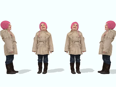 Woman wearing pink hat beige coat blue pants and brown boots standing in different angles 3d model