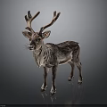 Detailed Realistic Reindeer Sculpture With Large Antlers Standing On Dark Shiny Background