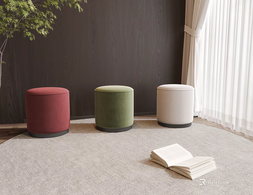 Round Padded Stools in Red Green White with Open Book on Carpet Near Curtain 3d model 