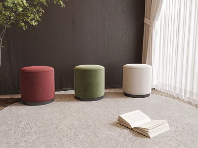 Round Padded Stools in Red Green White with Open Book on Carpet Near Curtain 3d model