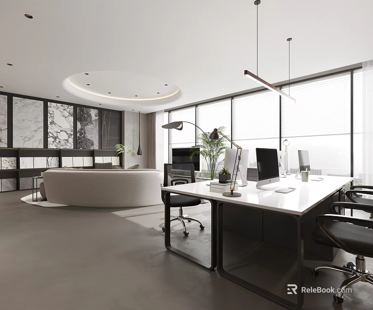 Modern Office Interior Design With White Workstations Computers Black Chairs And Sofa Near Large Windows 3d model 