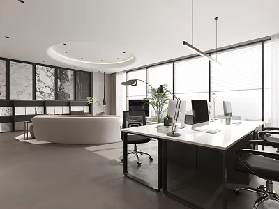 Modern Office Interior Design With White Workstations Computers Black Chairs And Sofa Near Large Windows 3d model
