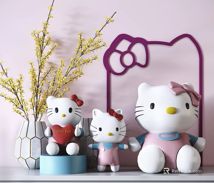 Hello Kitty Plush Toys With Purple Frame And Yellow Flower Branches In Vase 3d model 