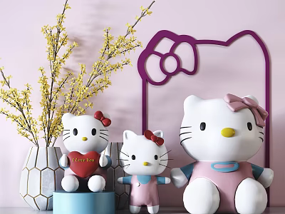 Hello Kitty Plush Toys With Purple Frame And Yellow Flower Branches In Vase 3d model