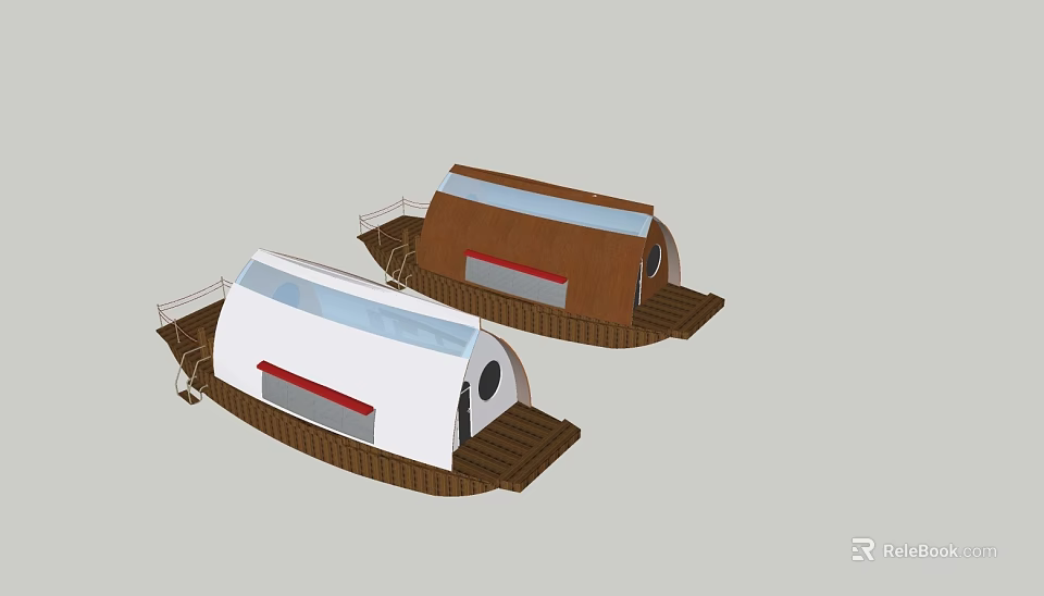 Modern White And Brown Floating Boathouses With Wooden Decks And Windows 3d model 