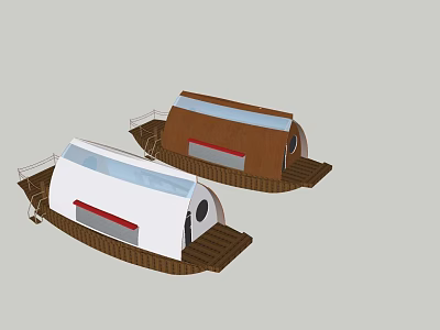 Modern White And Brown Floating Boathouses With Wooden Decks And Windows 3d model