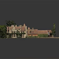 Cartoon Scene Of Traditional Buildings With Red Roofs Green Trees Lawn And Driveway