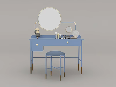 Modern Blue Dressing Table With Round Mirror Stool And Decorative Drawers 3d model