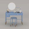 Modern Blue Dressing Table With Round Mirror Stool And Decorative Drawers