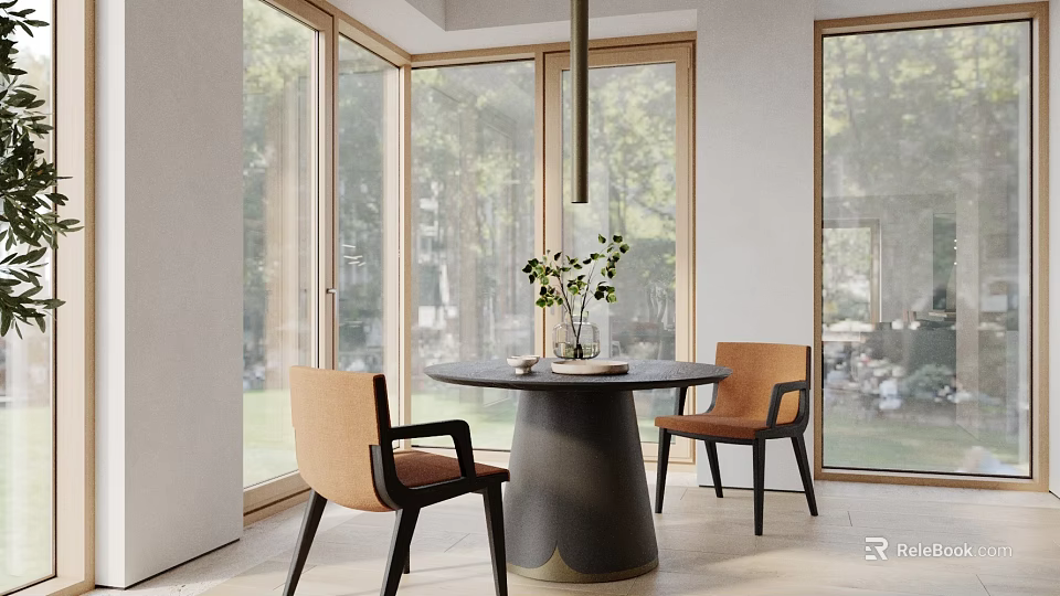 Modern Round Dining Table Set with Chairs Large Windows and Vase with Flowers 3d model 