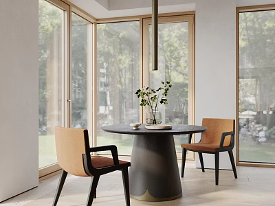 Modern Round Dining Table Set with Chairs Large Windows and Vase with Flowers 3d model