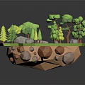 Low Poly Natural Scene With Green Grass Various Trees Gray Rocks And Brown Layers