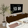 Modern Brown TV Stand with TV Decorative Vases Green Plant and Carpet