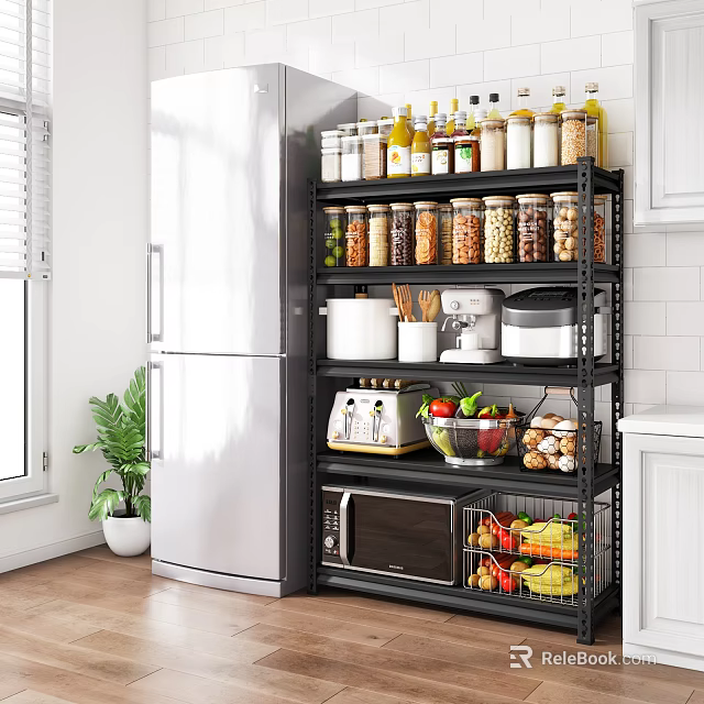 Organized Kitchen Interior With Multitier Storage Shelf Jars Bottles Toaster Microwave And Fruits Vegetables 3d model 
