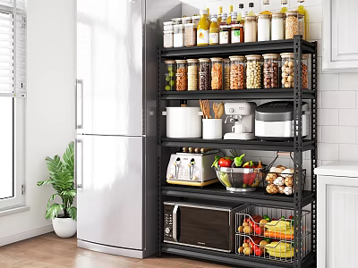 Organized Kitchen Interior With Multitier Storage Shelf Jars Bottles Toaster Microwave And Fruits Vegetables 3d model