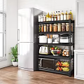 Organized Kitchen Interior With Multitier Storage Shelf Jars Bottles Toaster Microwave And Fruits Vegetables