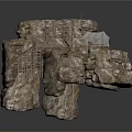 Natural Rock Formation With Rustic Wooden Scaffolding And Small House Structure