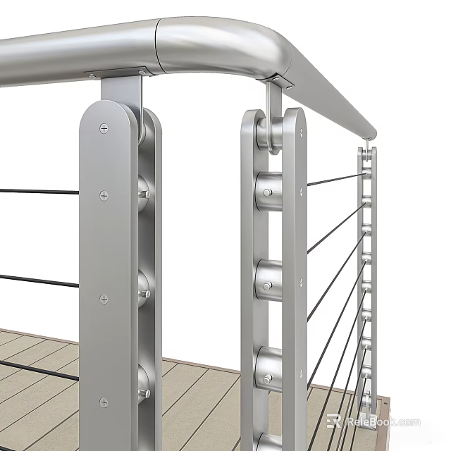 Modern Stainless Steel Railing With Posts And Cables On Wooden Deck 3d model 