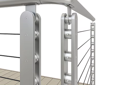 Modern Stainless Steel Railing With Posts And Cables On Wooden Deck 3d model
