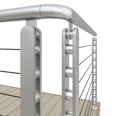 Modern Stainless Steel Railing With Posts And Cables On Wooden Deck 3d model