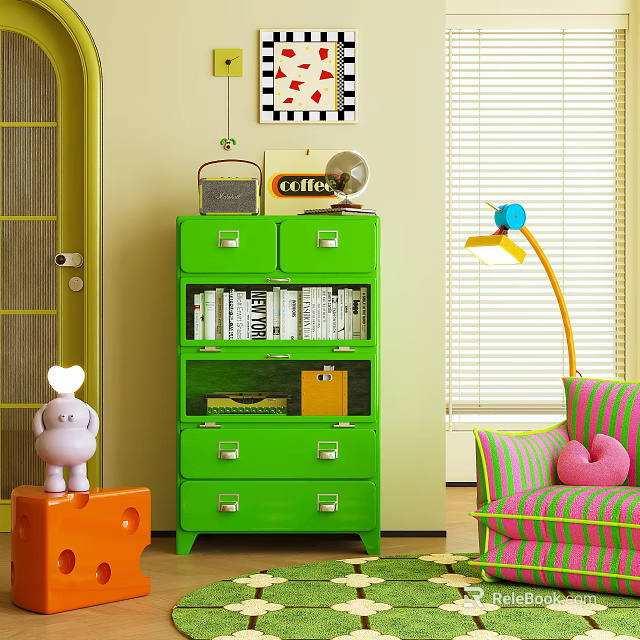 Green Entryway Side Cabinet With Drawers Shelves Books Radio And Decorative Items 3d model 