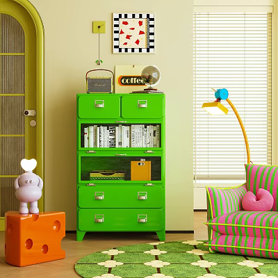Green Entryway Side Cabinet With Drawers Shelves Books Radio And Decorative Items 3d model