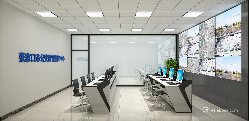 Modern Monitoring Room With Multiple Monitor Screens Computers Desks And Chairs 3d model 