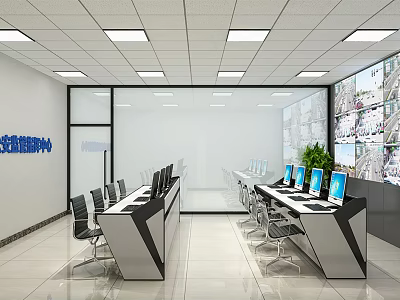 Modern Monitoring Room With Multiple Monitor Screens Computers Desks And Chairs 3d model