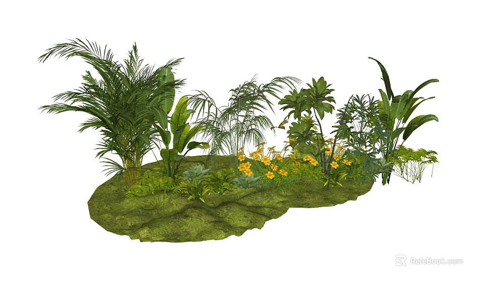 Lush Green Plants And Bright Yellow Flowers Growing On Fresh Green Grass 3d model 