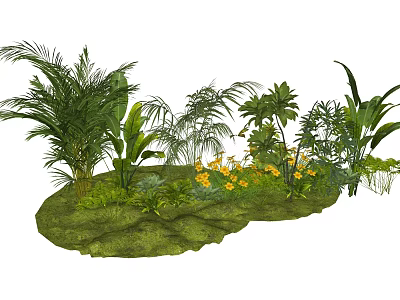 Lush Green Plants And Bright Yellow Flowers Growing On Fresh Green Grass 3d model