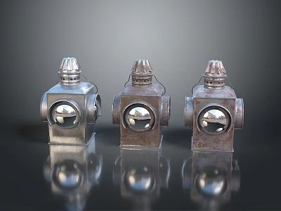 Three Vintage Metal Lanterns With Classic Design And Reflective Bases 3d model