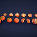 Fresh Tomatoes Whole With Green Stems And Sliced Arranged In A Row On Dark Background