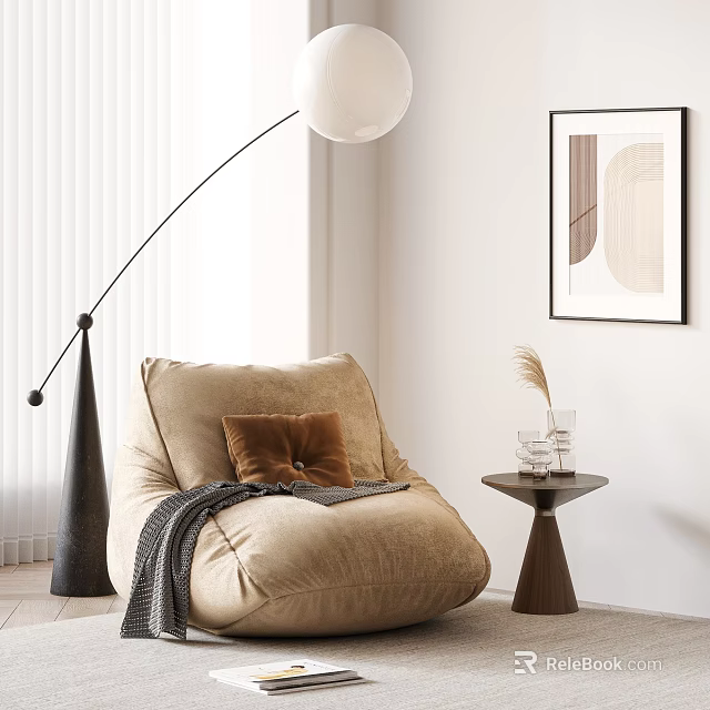 Cozy Bean Bag Chair With Pillow Blanket Side Table And Floor Lamp In Modern Interior 3d model 