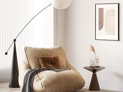 Cozy Bean Bag Chair With Pillow Blanket Side Table And Floor Lamp In Modern Interior 3d model