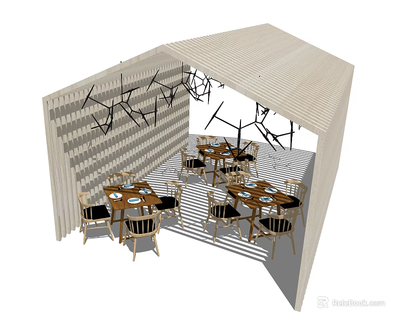 Wooden Partition Dining Space With Table Sets Branch Decor And Striped Floor 3d model