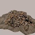 Stones and Wood Debris Pile Against Graffiti Covered Concrete Wall